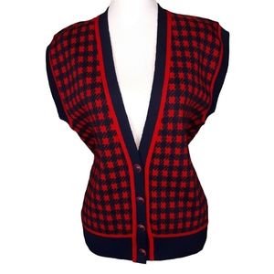 VINTAGE Pendleton Red Navy Houndstooth Cardigan Sweater Vest S-M